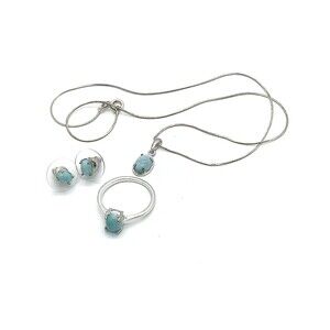 Dainty Larimar Set of Pendant,  Earrings and Ring Size 7